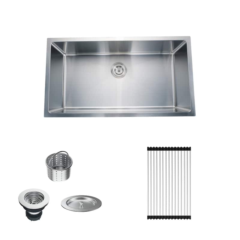 CB HOME 32'' PRO Undermount Single Bowl Stainless Steel Kitchen Sink with Roll Up Rack - 32''X19''X10'' - 32''X19''X10'' - sink+roll up rack