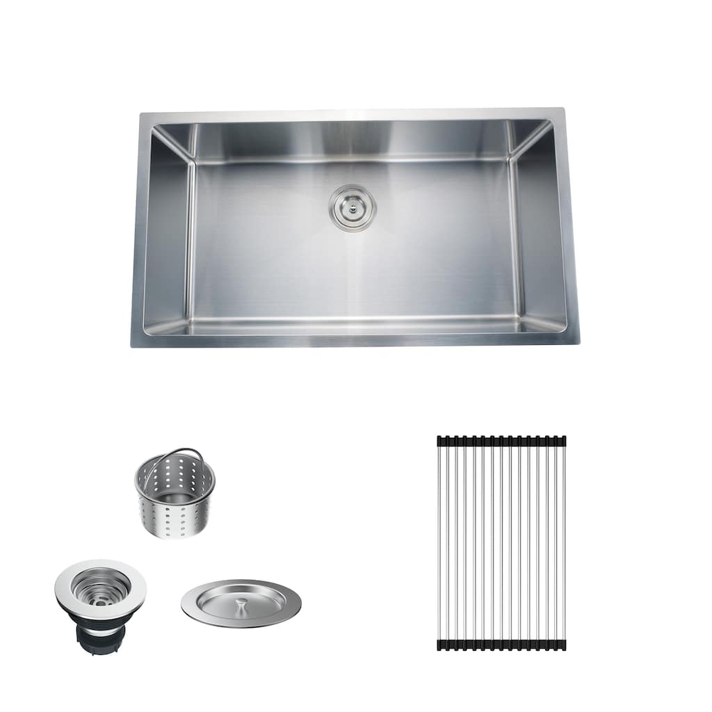 CB HOME 32'' PRO Undermount Single Bowl Stainless Steel Kitchen Sink with Roll Up Rack - 32''X19''X10''