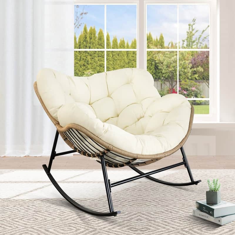 FINCATI Outdoor Rocking Papasan Chair, Rocking Chair Outdoor, 450 lbs Indoor Oversized Rocking Papasan, Comfy Rocking Egg Chair