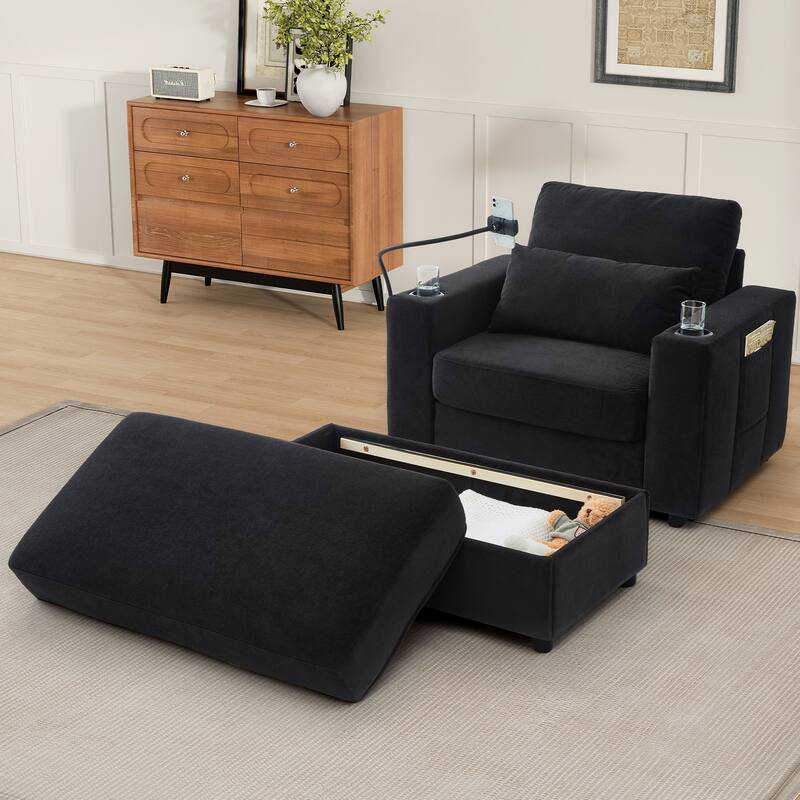 Chaise Lounge Sofa Couch with a Movable Storage Ottoman, Two USB Ports, Two Cup Holders, a Phone Holder，Side Pockets