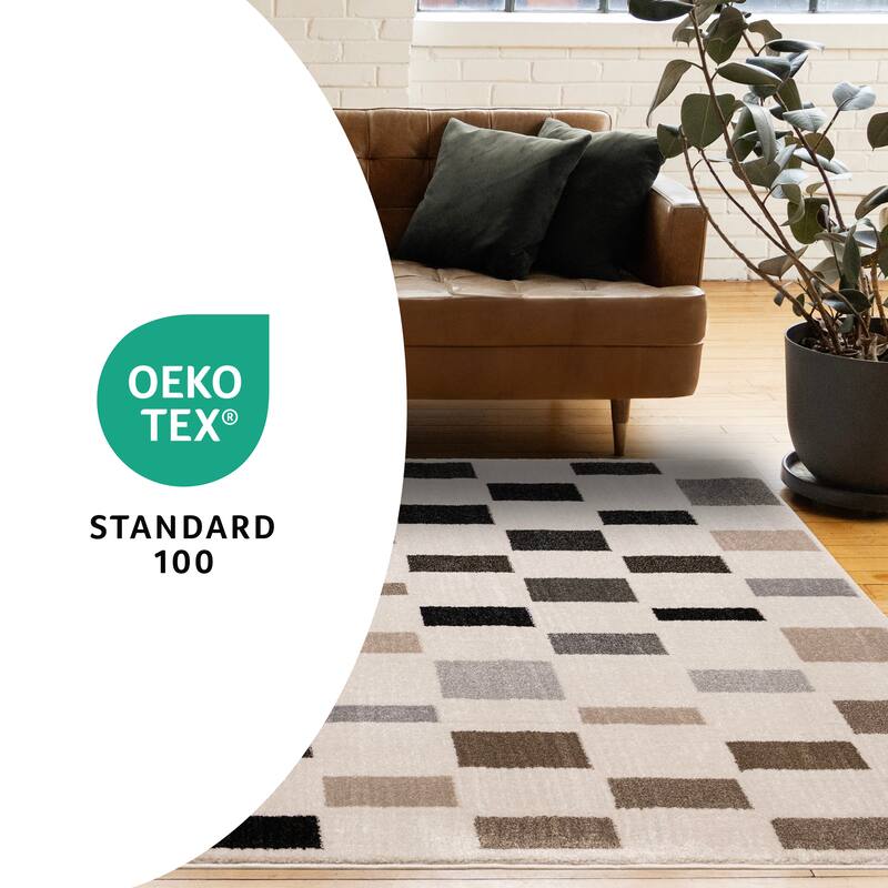 Black Grey White Taupe Rectangle Rows High-Traffic Rug