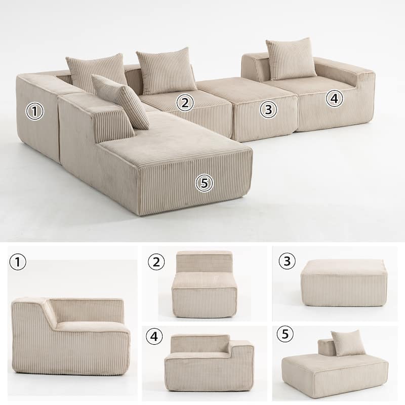 Corduroy Modular Sectional Sofa with Chaise Lounge, Deep Seat, Ottoman