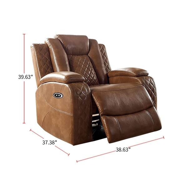 Leatherette and Wood Power Recliner in Brown Finish