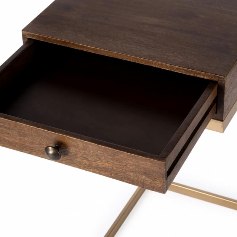 27" Natural Brown Rustic Wood End Table with Drawer and Iron Sled Base Distressed Finish - 27.25"H x 13.75"L x 17.75"W