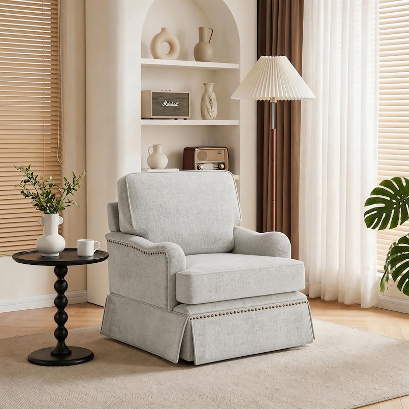 Skirted Swivel Accent Nailhead Barrel Chair - Beige
