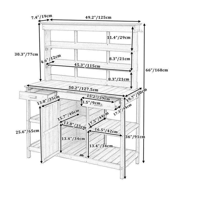 Outdoor Wooden Potting Bench Table, Garden Potting Bench with Cabinet, Patio Workstation with 4 Open Shelves and 2 Drawers