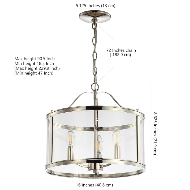 SAFAVIEH Lighting Lelouda Adjustable 3-Light Led Nickle Pendant - 16"x16"x18.5-90.5" - Shiny Nickel/Clear - 16Wx16Dx91H