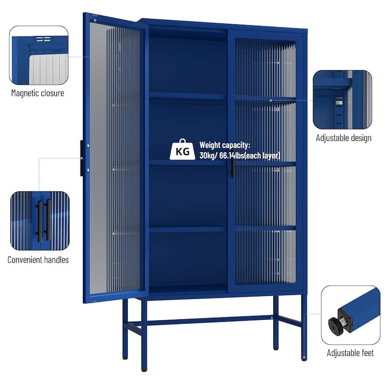 Modern Glass Door Cabinet with Adjustable Shelves Steel Storage Sideboard