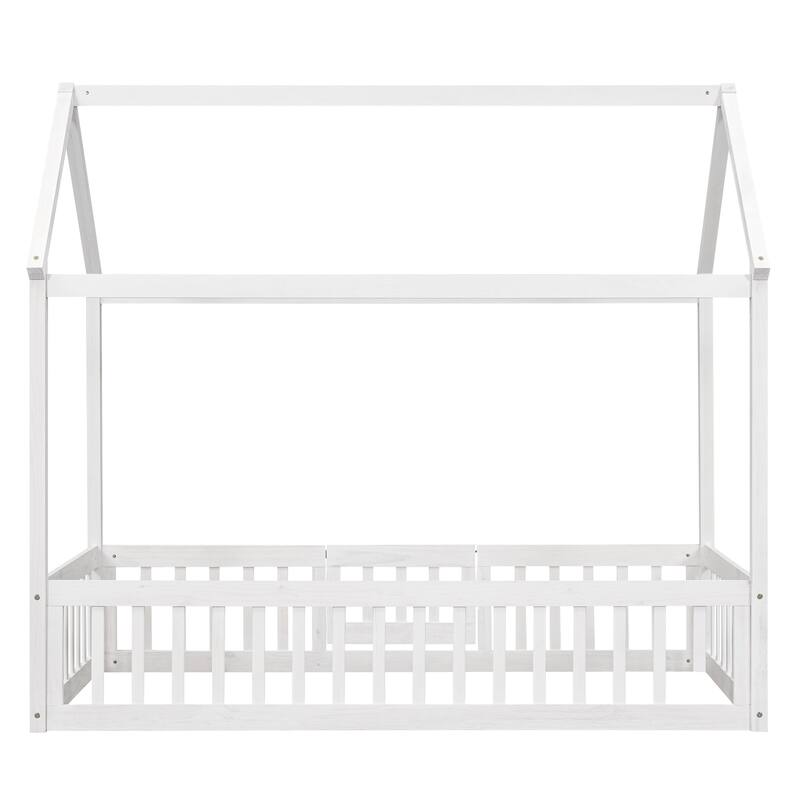Pine Wood House Bed with Fence, Door, and Solid Construction