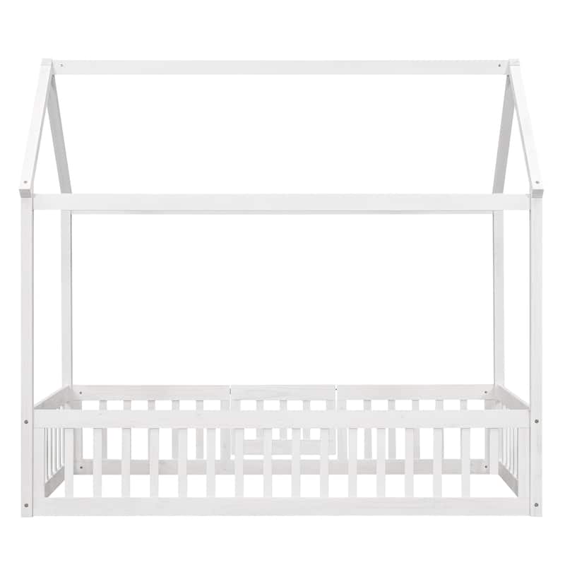 Wooden House Bed with Fence and Door