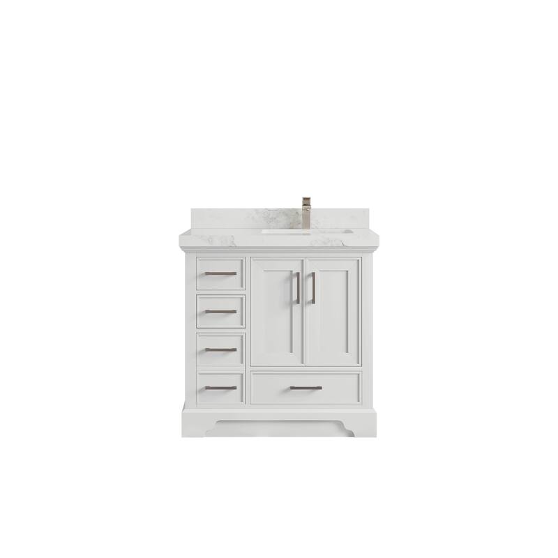 Willow Collections 36 x 22 Charlotte D Right Offset Sink Bathroom Vanity with Countertop - 2”Calacatta Nuvo - White