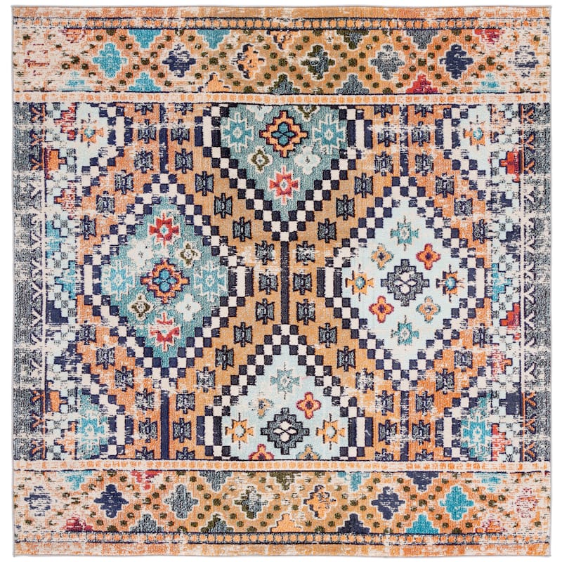 SAFAVIEH, Madison Hortensia Boho Diamond Distressed Rug - 6'7" Square - Orange/Beige