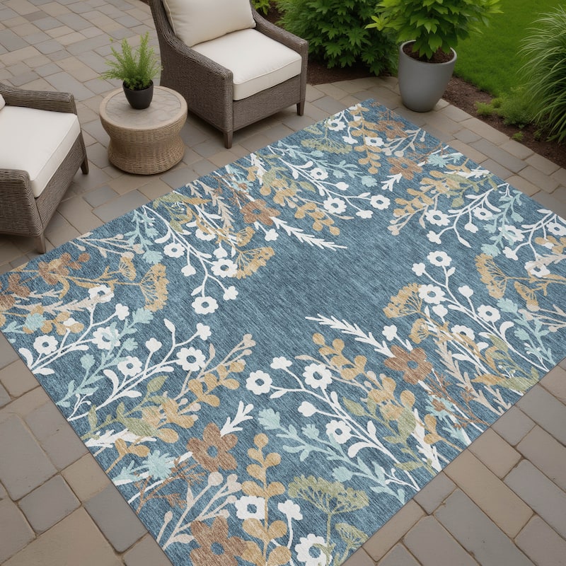 Machine Washable Indoor/ Outdoor Floral Border Chantille Rug - Denim - 9' x 12'
