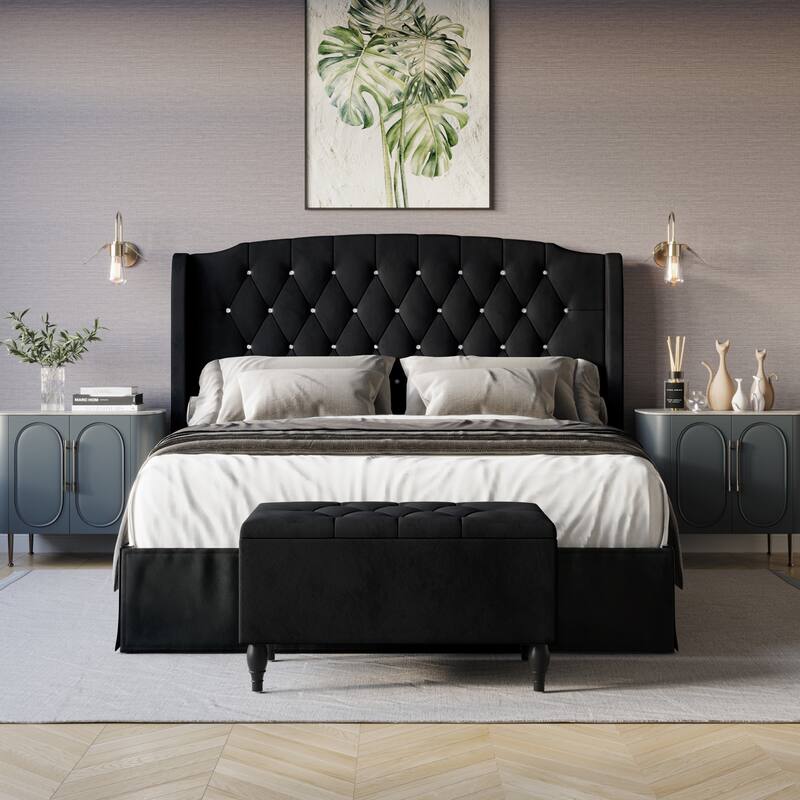 CraftPorch 2 Piece Bedroom Bench Set Velvet Wingback Upholstered Bed