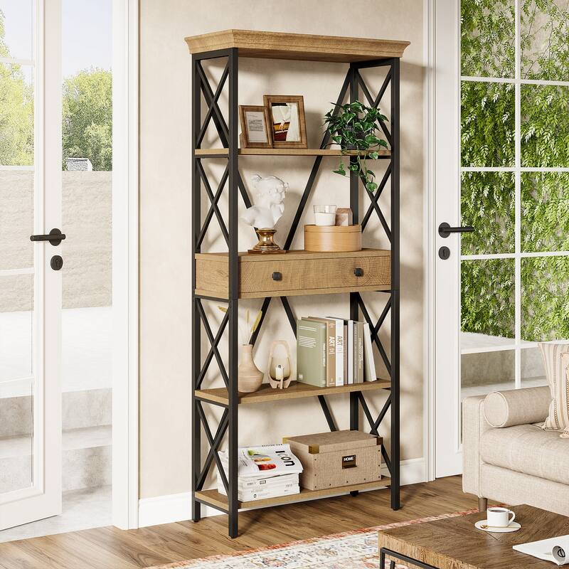 70.9" Wood Bookshelf with Drawers, Open Storage Shelf Bookcase, Living Room Office Bedroom Display Accent Shelf