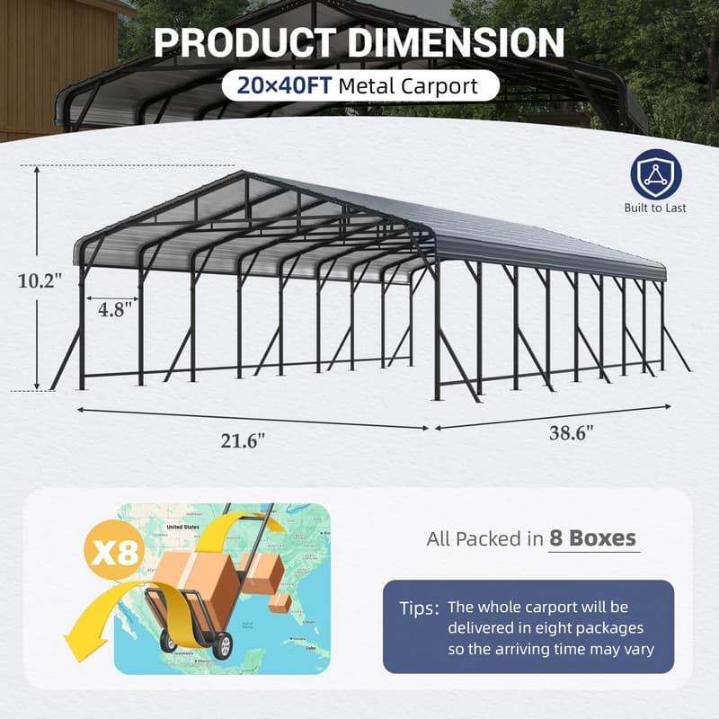 Erommy Outdoor Carport with Galvanized Steel Roof, Heavy-Duty All-Weather Shelter for Cars, Boats and Equipment
