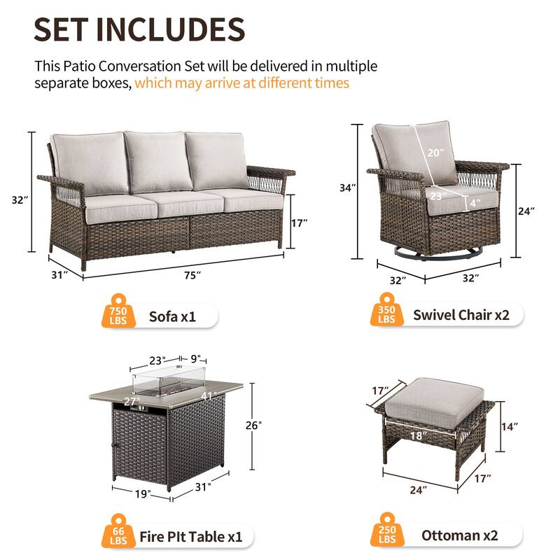 Pocassy 41 in Fire Table with Patio Sofa Swivel Chair Ottoman