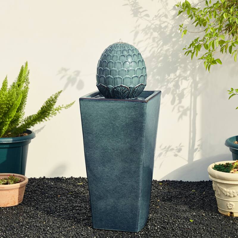 36"H Oversized Artichoke Pedestal LED Ceramic Fountain by Glitzhome