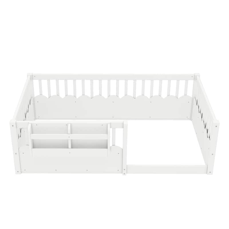 Montessori Floor Bed Kids Bed Frame with Heightened Fence and Bookshelf, Wavy Decoration Wood Platform Bed, No Slats Design