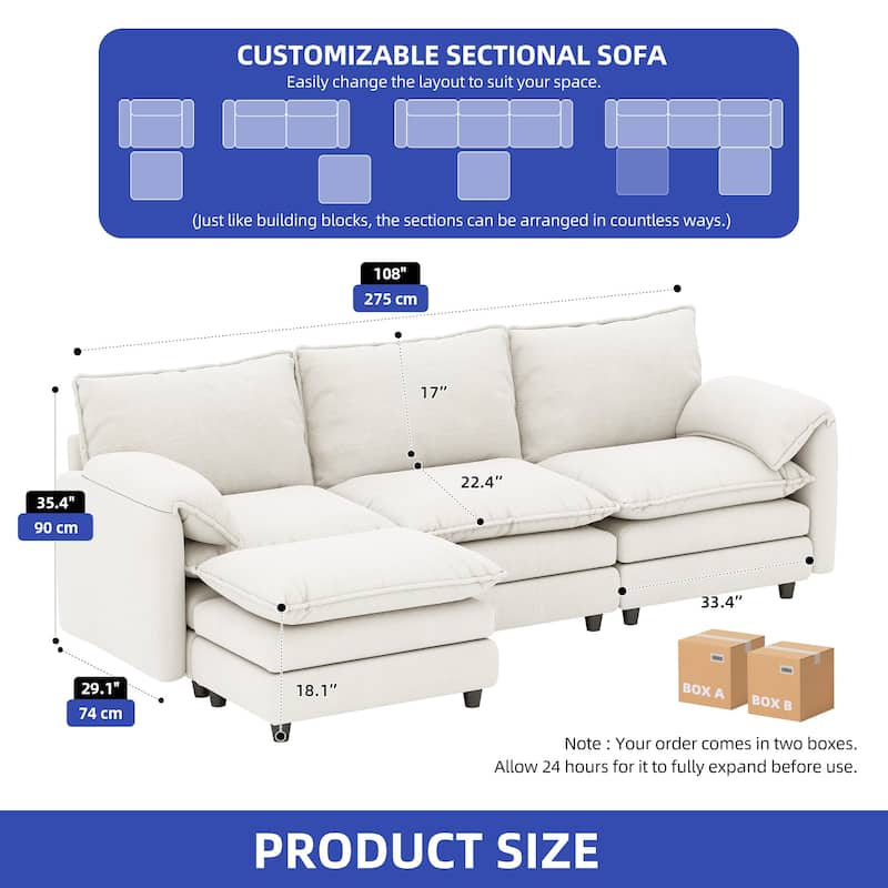 Modern Velvet L Shaped Couch 108" Modular Sectional Sofa with Movable Ottoman