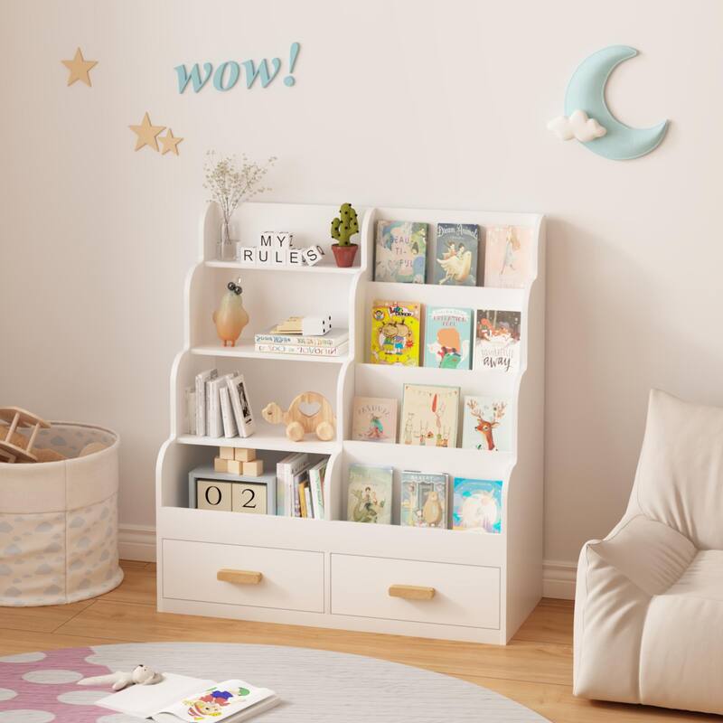 Kids Bookshelf with 2 Storage Drawers, Front-Facing Children's Bookcase and Toy Organizer, Multi-Tier Reading Shelf