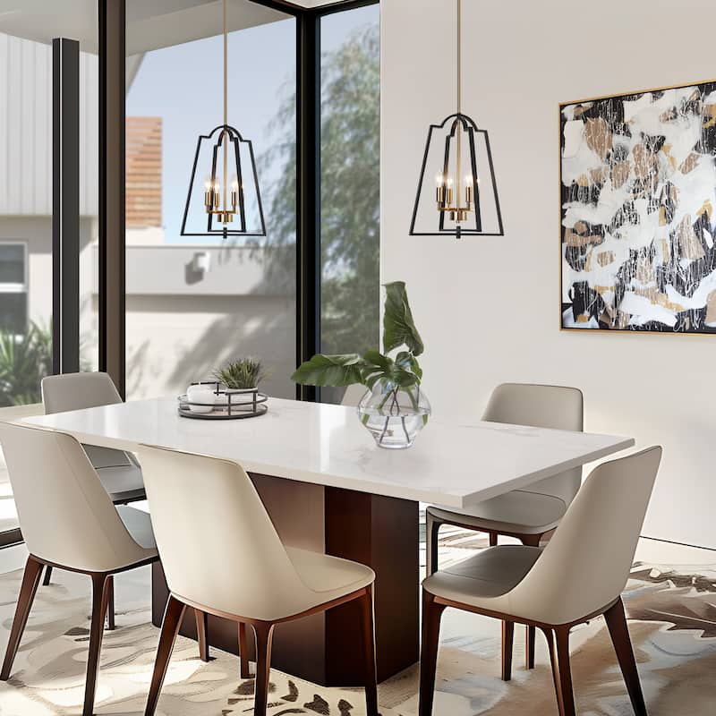 Modern Farmhouse Black Gold 4-Light Lantern Geometric Chandelier Candle Kitchen Island Pendant Light - 14" W x 17.5" H