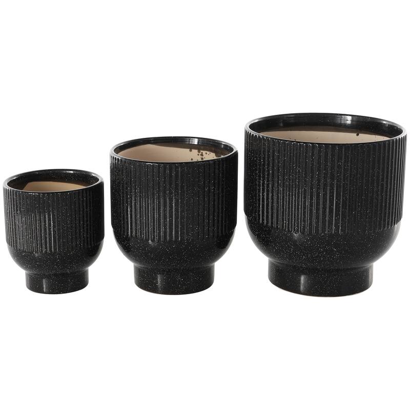 Black, Light Blue or White Ceramic Speckled Planter with Linear Grooves and Tapered Bases (Set of 3)