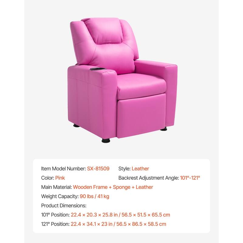 Kids Recliner Chair with Adjustable Backrest, Cup Holders and Leather Surface - 22.4 x 20.3 x 25.8 in