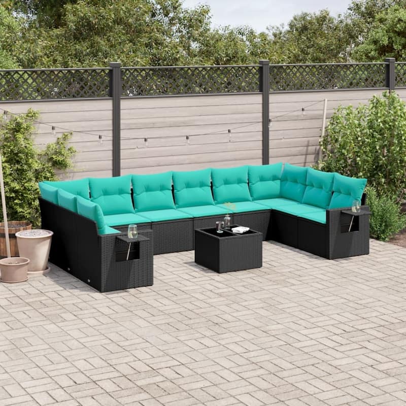 vidaXL 10 Piece Patio Sofa Set with Cushions Black Poly Rattan - 21.7x27.2x24.4-With table