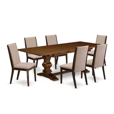 7-Piece Dining Set - Linen Fabric Parsons Chairs & Mid Century Table - Antique Walnut Finish - 92