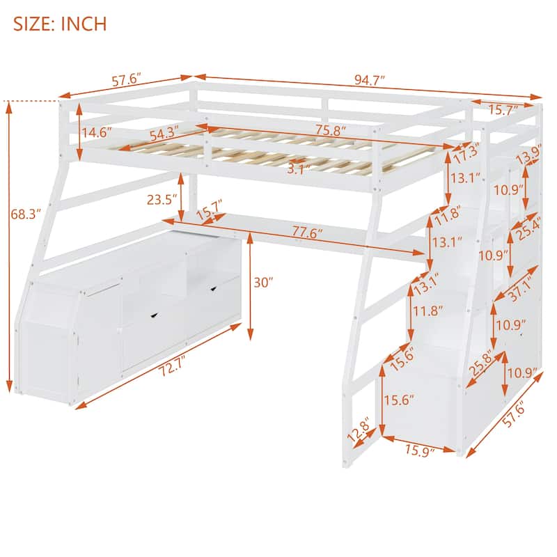Full Size Loft Bed with 7 Drawers, 2 Shelves & Desk