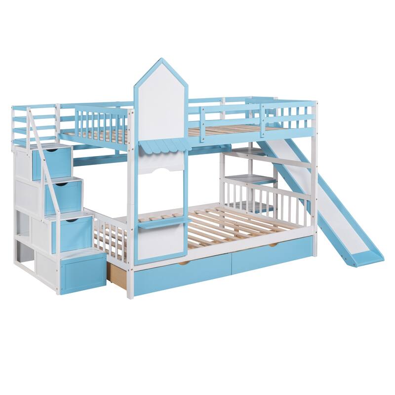 Castle Style Bunk Bed with 2 Drawers 3 Shelves and Slide