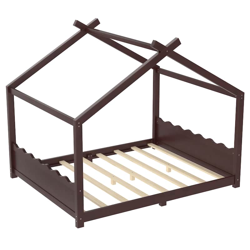 Queen/Full/Twin Solid Wood House Floor Bed, No Box Spring Needed