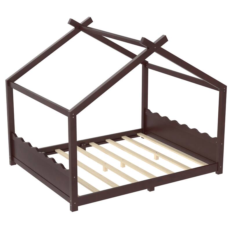 Roomfitters House Floor Bed with Support Slats, Solid Wood Open Frame Design