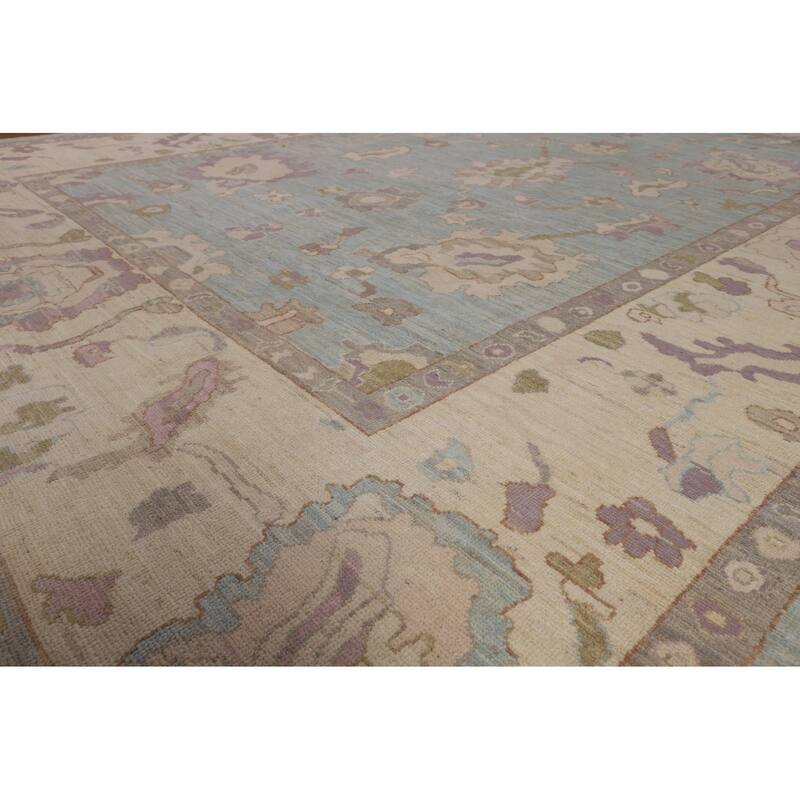 Light Blue Oushak Area Rug Hand-Knotted Vegetable Dye Wool Carpet - 9'1"x 12'2"