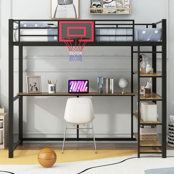 slide 2 of 10, Twin Size High Loft Bed with Basketball Hoop,Sturdy Metal Loft Bed Frame with Built In Desk and Shelves Black - Twin