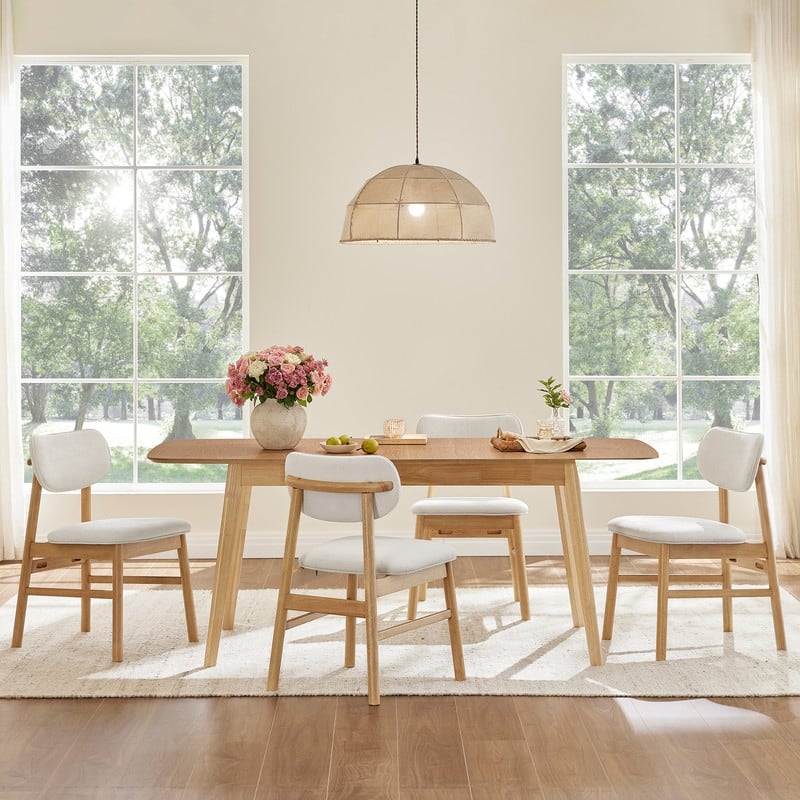 Spruce & Spring Extendable Dining Table Set with Upholstered Dining Chairs - 59"-75"-4 Chairs - Natural