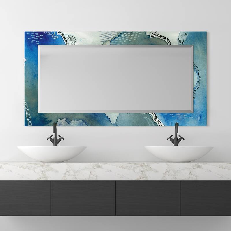 "Subtle Blue"Abstract Rectangular Beveled Wall Mirror on Free Floating Tempered Glass - Multi