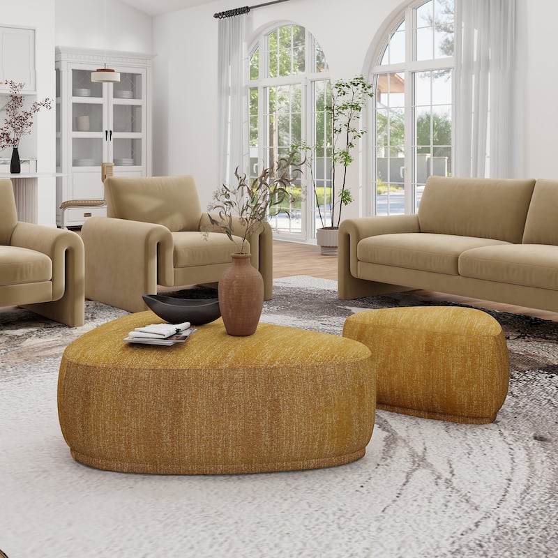 Pebble 44" & 26" Rounded Triangle Cocktail Ottoman Set - Mustard Yellow Tweed