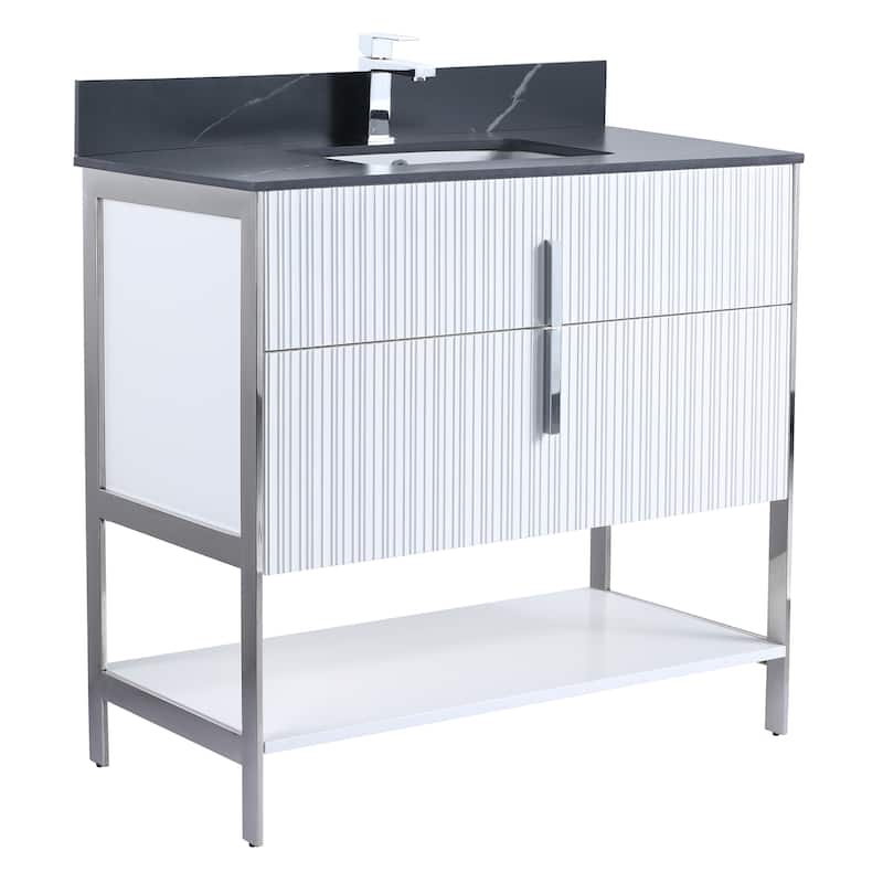 Fine Fixtures Serenity Modern Bathroom Vanity with Black Sintered Stone Top - White Matte - Chrome Hardware - 36 inch