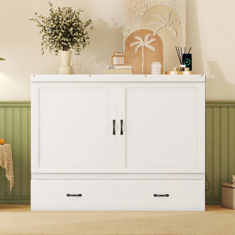 Queen Size Murphy Bed with USB Port and a Large Drawer, SpaceSaving