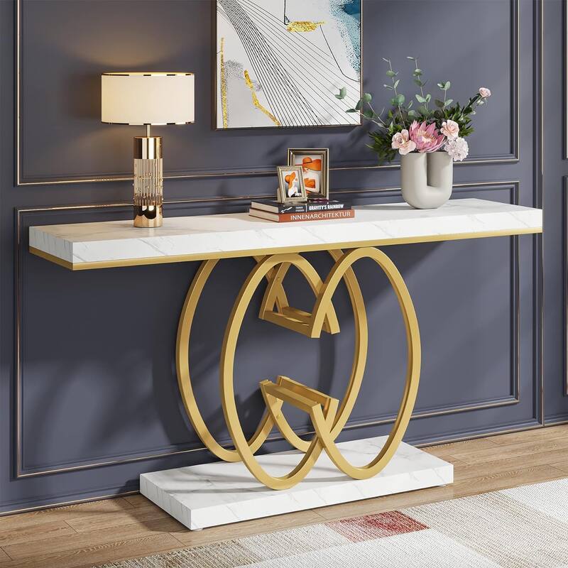 55" Modern Faux Marble Console Table with Gold Geometric Base for Living Room, Hallway, Foyer - White+Gold