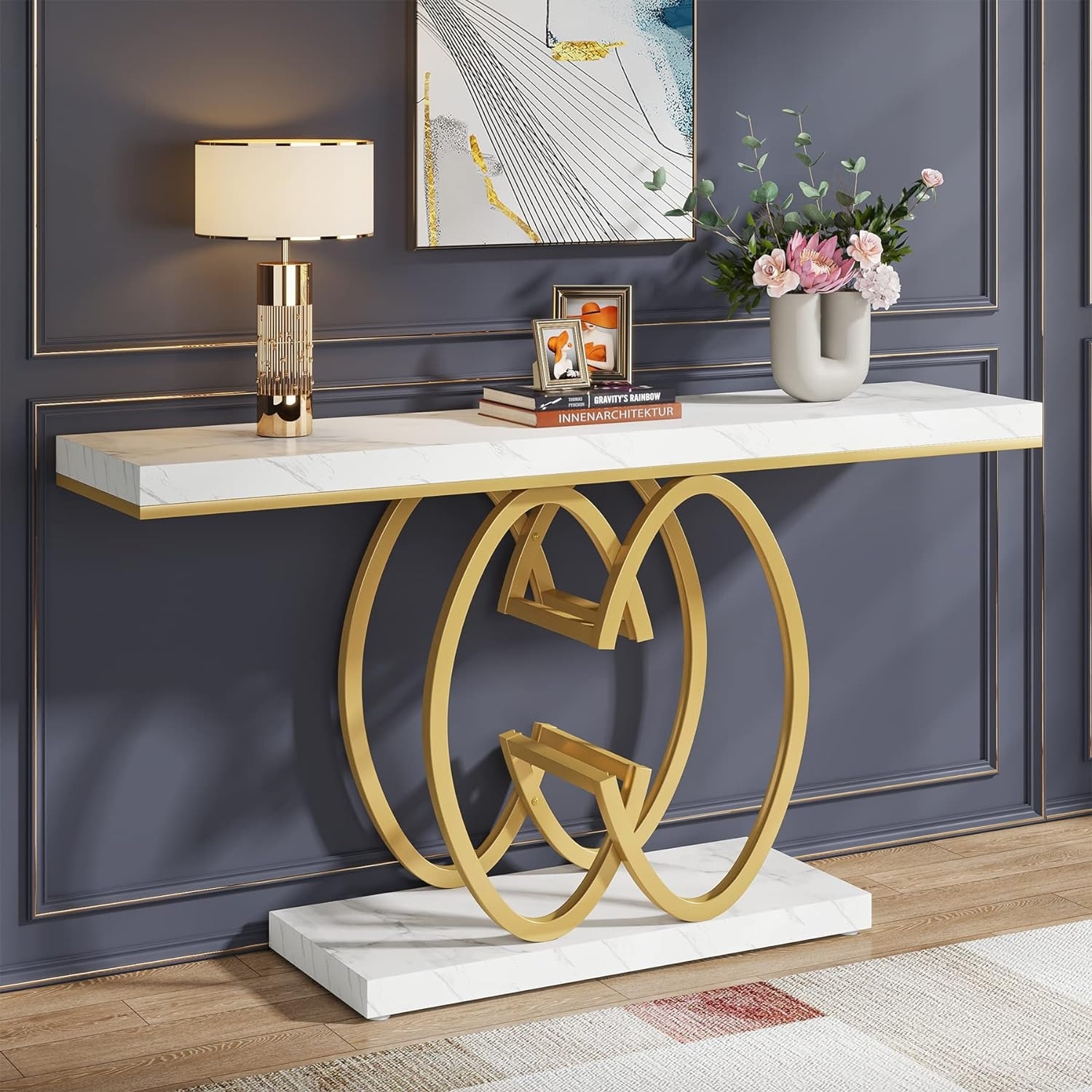 55" Modern Faux Marble Console Table with Gold Geometric Base for Living Room, Hallway, Foyer
