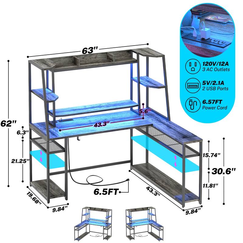 Ultimate L-Shape Gaming Desk with Hutch & Shelves, Reversible Computer Desk with LED Lights & Charging Station