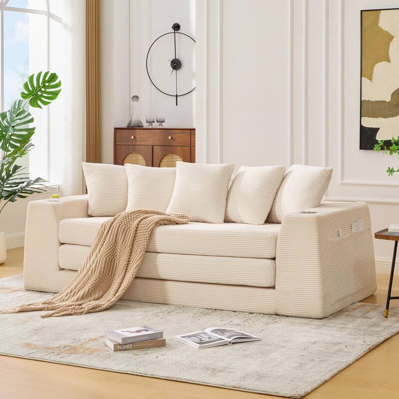 2 in 1 Convertible Sofa Bed, Sleeper Sofa with Storage Pockets, Pull Out Loveseat Couch with Two Cup Holders