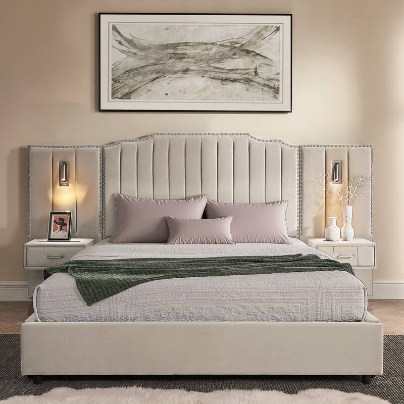 Queen Size Upholstered Bed Frame , Vertical Stripe Design with Buttons Around Platform Bed with Headboard
