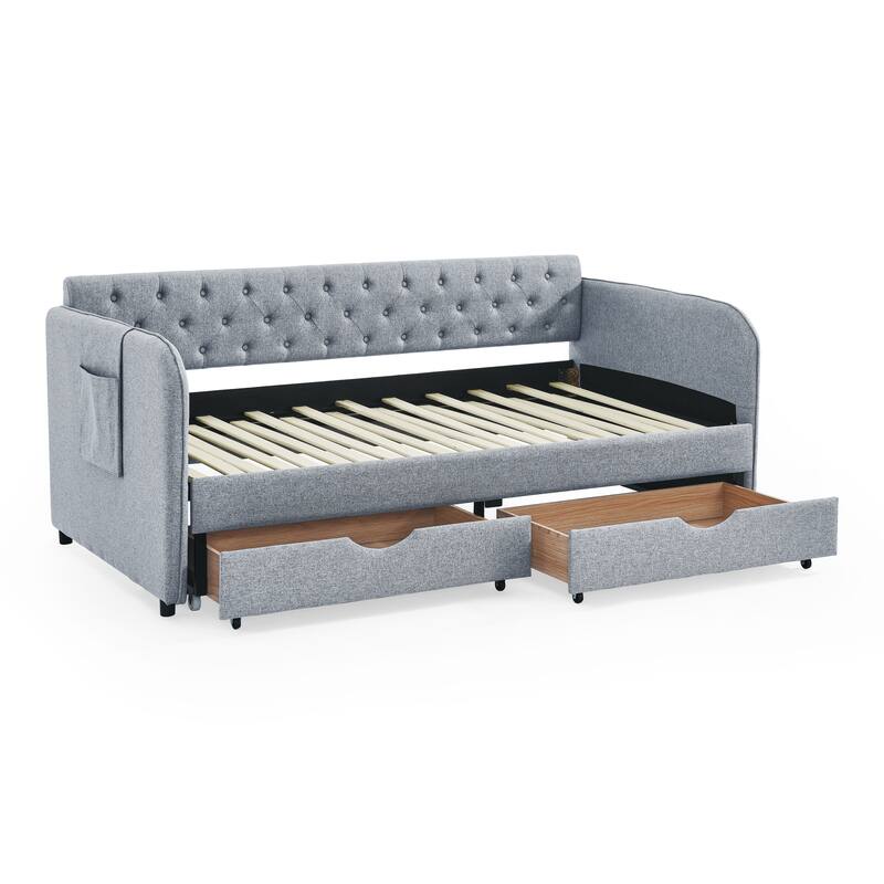 Twin Size Upholstery Daybed with Trundle and Two Storage Drawers for Bedroom