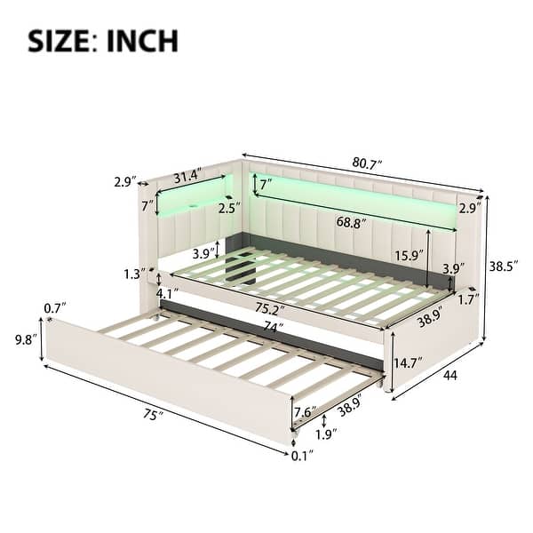 dimension image slide 1 of 2, Twin Size Upholstered Platform Bed w/ USB Ports & LED Belt w/ Trundle, White