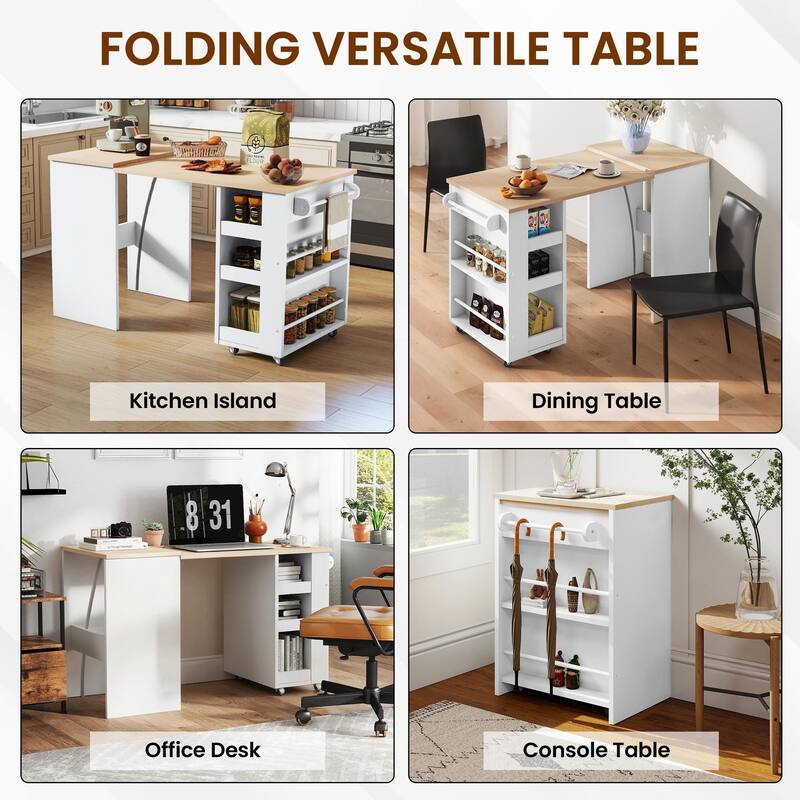 EROMMY Foldable Kitchen Island Table with Storage, Rolling Collapsible Dining & Work Table.