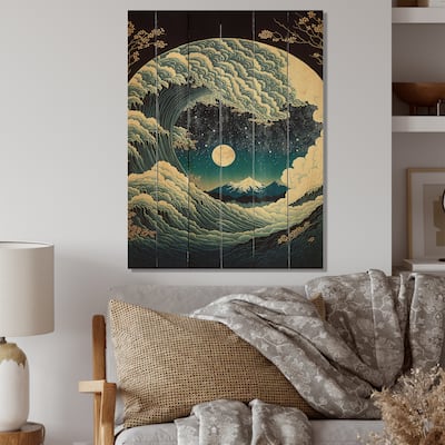 Designart 'Full Moon Waves By The Mountain Lake' Landscape Cottage Wood Wall Art - Natural Pine Wood